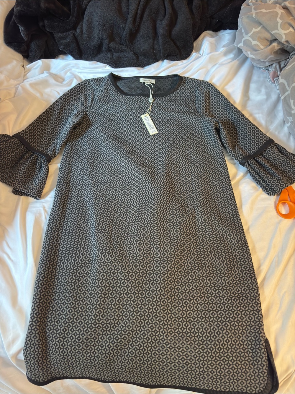 Max Studios NWT Bell Sleeve Ruffle Gray Patterned Dress XS
